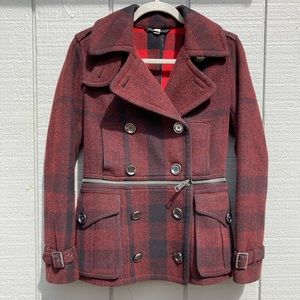 Burberry Brit Red Plaid Wool Blend 8 Button Pea Coat with Crop Zip Option